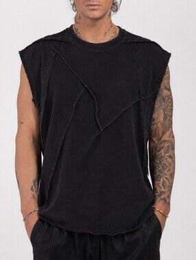 Attèmpt Clothing Raw Edge Sleeveless Sweatshirt Size M Liang Dong Black Top